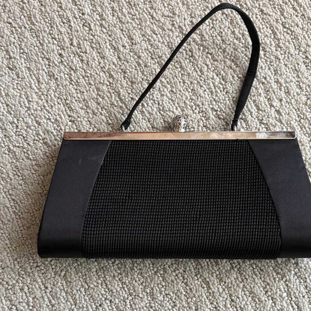 La Regale Black Satin Clutch with Silver Accents